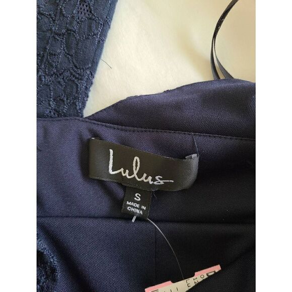 Lulu's Ruffle Neck Mini Lace Dress Women's Small Navy Blue Sleeveless Wide Strap - Picture 3 of 6